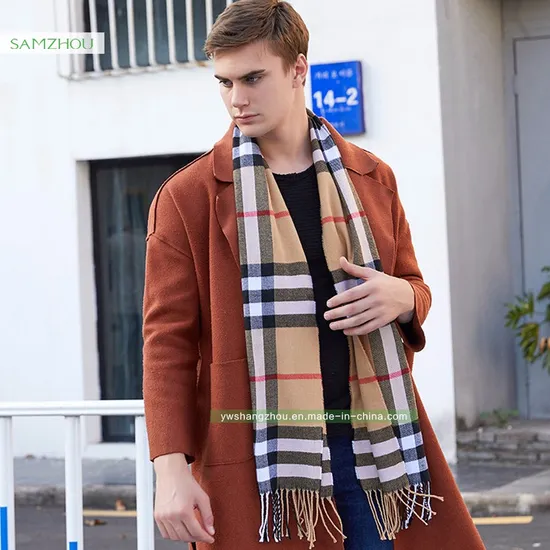 ホットセールカシミアチェック柄スカーフファッションメンズショールとフリンジ